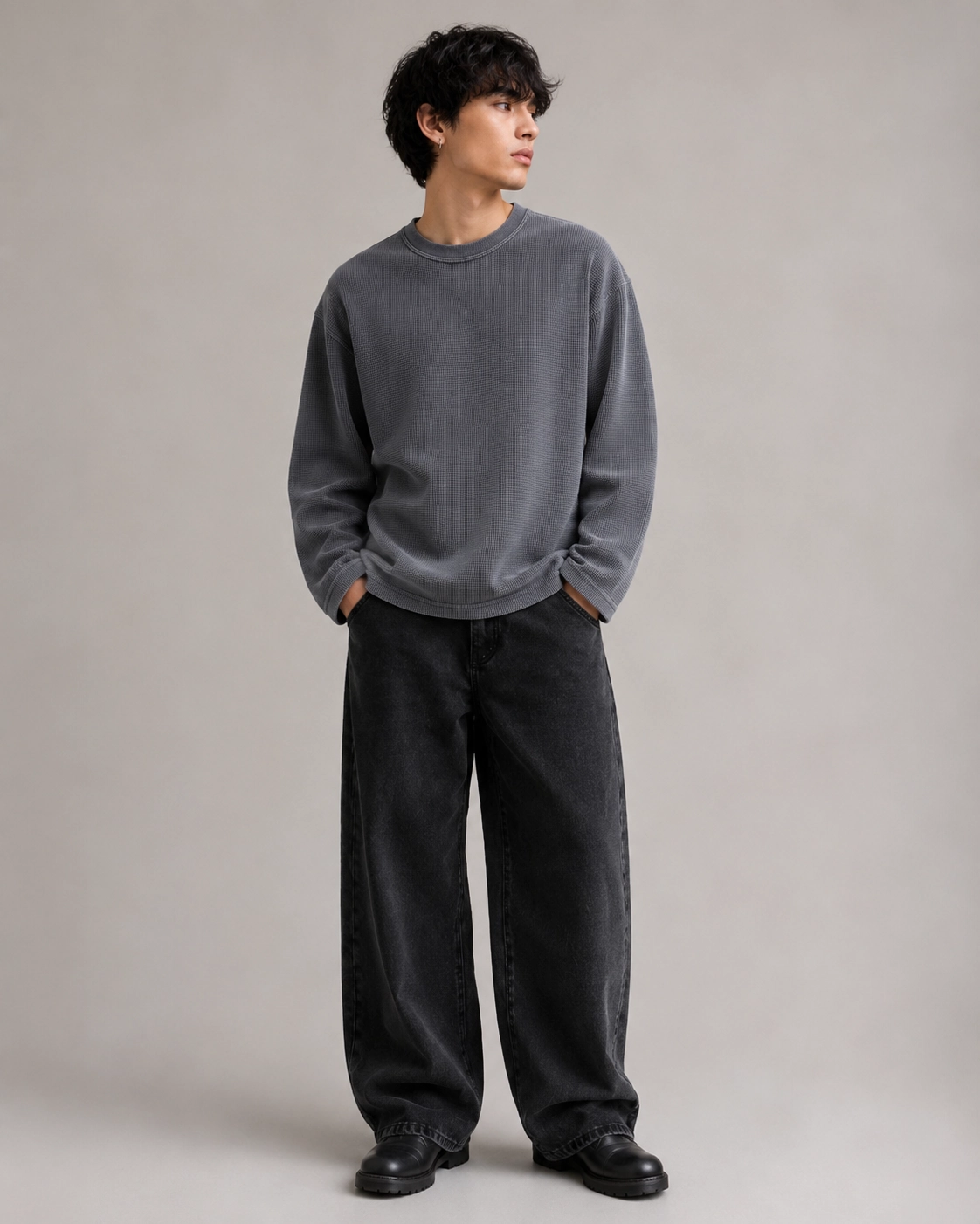 Acid Wash Waffle Knit Full Sleeve T-shirt - Image 2