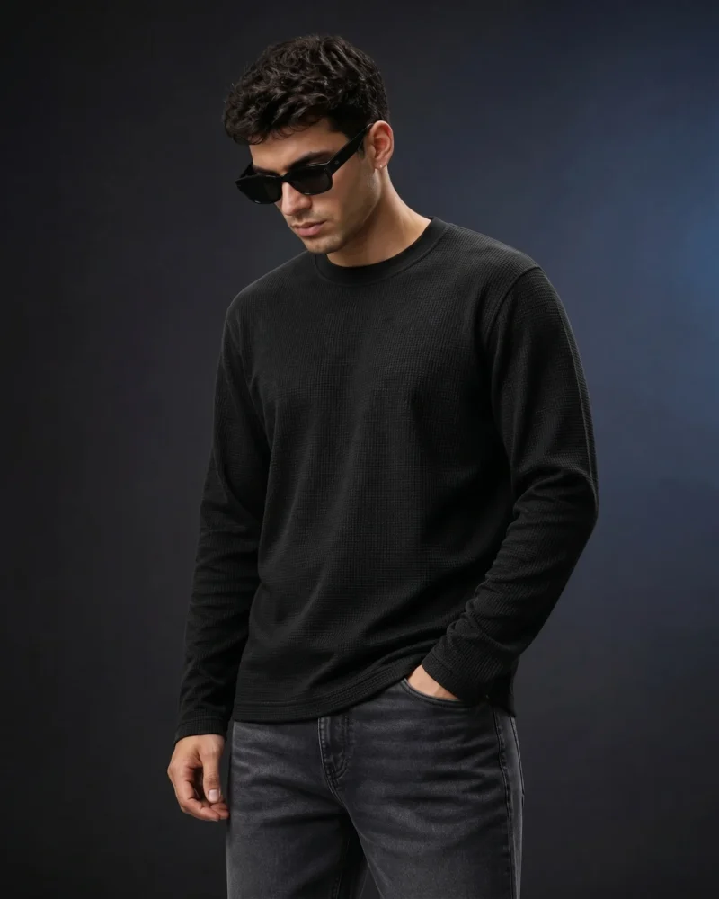 black-waffle-knit-full-sleeve-t-shirt