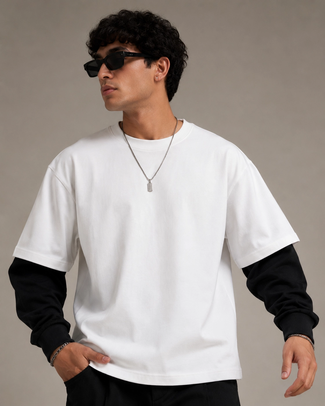 Double Sleeve White Black Oversized Tee