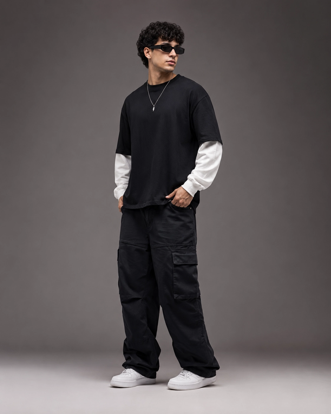 Double Sleeve Black White Oversized Tee - Image 3