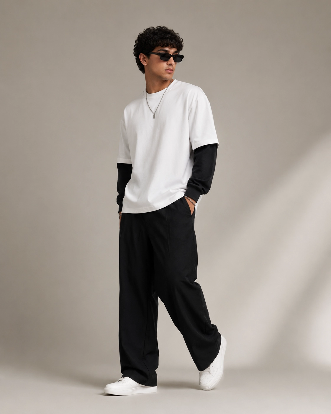 Double Sleeve White Black Oversized Tee - Image 2