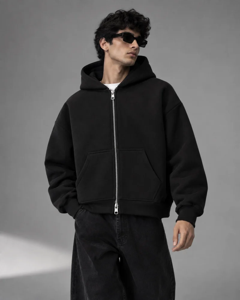 Black Double Zipper Boxy Fit Hoodie