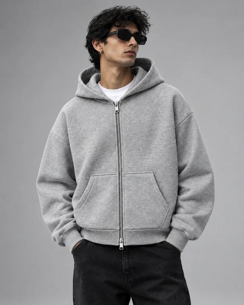 Grey Double Zipper Boxy Fit Hoodie