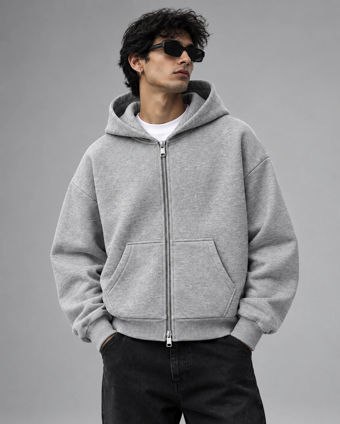 Grey Double Zipper Boxy Fit Hoodie